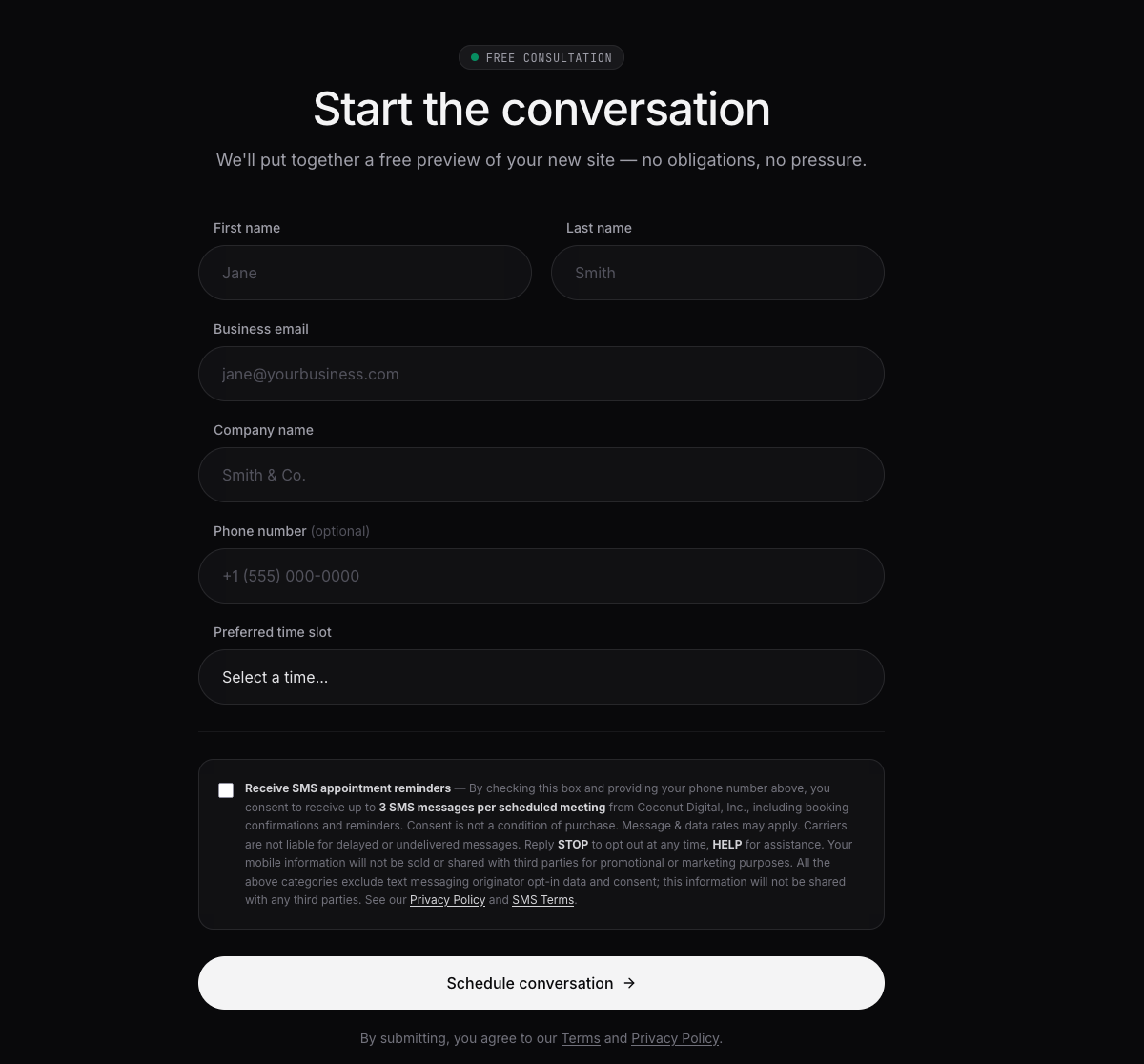 Coconut Digital SMS opt-in workflow via booking form